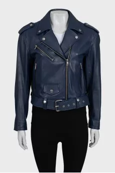 Blue leather jacket with tag