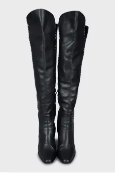 Leather over the knee boots with contrasting seams