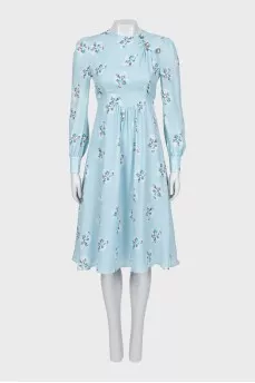 Blue silk dress with long sleeves