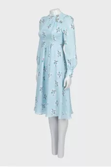 Blue silk dress with long sleeves