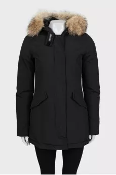 Black parka with fur on the hood