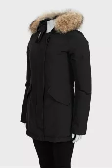 Black parka with fur on the hood