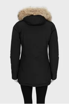 Black parka with fur on the hood