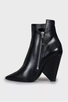 Black leather ankle boots with a figured heel