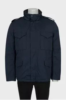 Men's blue down jacket with leather inserts