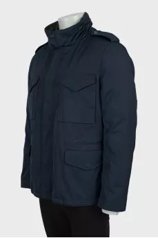 Men's blue down jacket with leather inserts