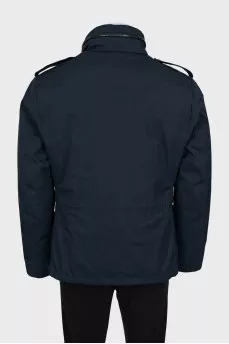 Men's blue down jacket with leather inserts