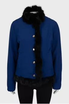 Blue down jacket decorated with fur