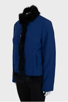 Blue down jacket decorated with fur