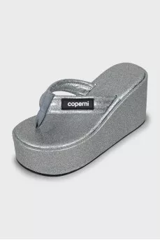 Silver wedge flip flops