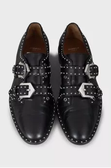 Leather shoes with metal rhinestones