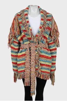 Combination color cardigan with fringe