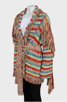 Combination color cardigan with fringe