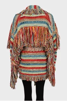 Combination color cardigan with fringe