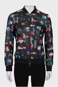 Leather bomber jacket decorated with embroidery