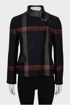 Wool jacket with leather collar