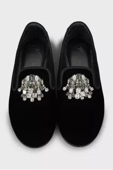 Velour shoes decorated with rhinestones