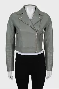 Cropped green leather jacket