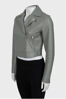 Cropped green leather jacket