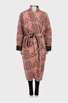 Printed wool wrap coat