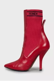 Red ankle boots made of leather and fabric