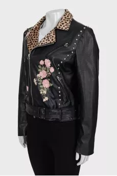 Leather jacket with print on the collar