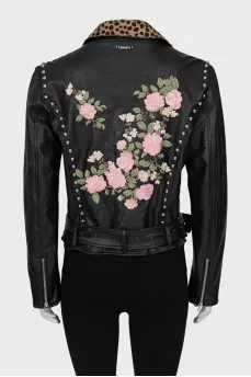 Leather jacket with print on the collar