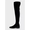 Velour over the knee boots with low heel and tag