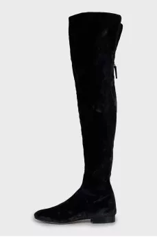 Velour over the knee boots with low heel and tag