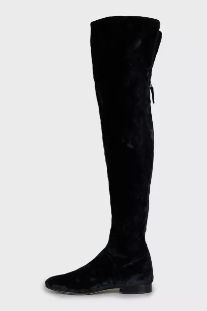Velour over the knee boots with low heel and tag