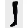 Velour over the knee boots with low heel and tag