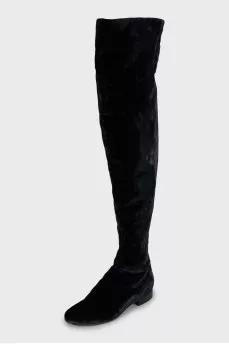 Velour over the knee boots with low heel and tag