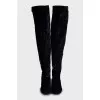 Velour over the knee boots with low heel and tag