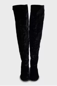 Velour over the knee boots with low heel and tag