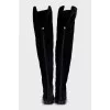 Velour over the knee boots with low heel and tag