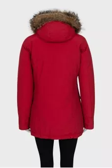 Red parka with fur on the hood