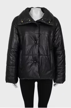 Quilted faux leather down jacket