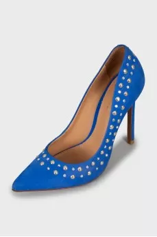 Suede shoes with metal rhinestones