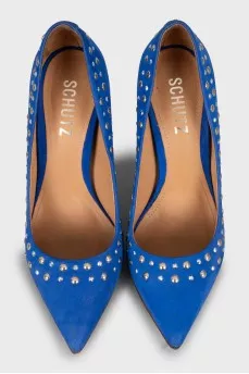Suede shoes with metal rhinestones
