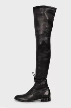 Leather over the knee boots with heel decoration