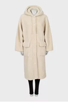 Eco-fur coat with a hood