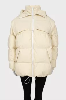 Mocking down jacket with a hood, with a tag