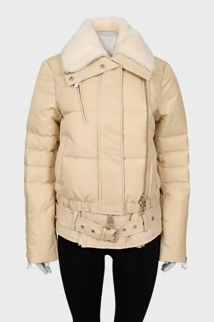 Beige down jacket with natural fur