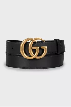 Black leather belt with gold logo