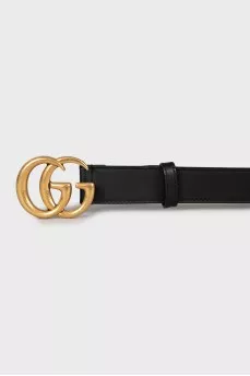 Black leather belt with gold logo