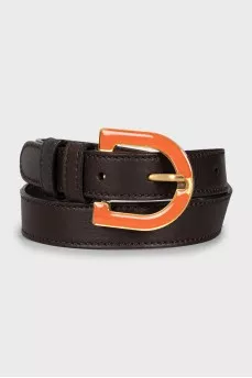 Leather belt with orange buckle