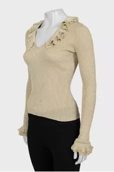 Jumper with frills on sleeves and collar