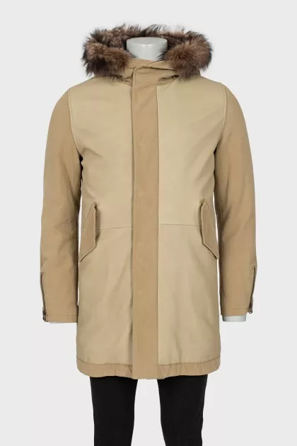 Men's leather and textile parka