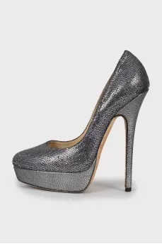 Silver leather stiletto heels