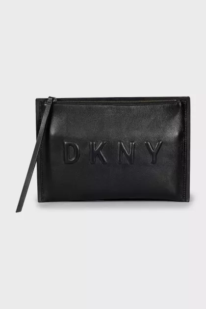 Leather clutch with brand logo